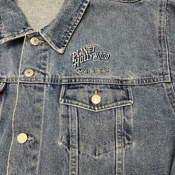 Vintage 90s Planet Hollywood Myrtle Beach Blue Mens M Trucker Denim Jean Jacket - Picture 8 of 9